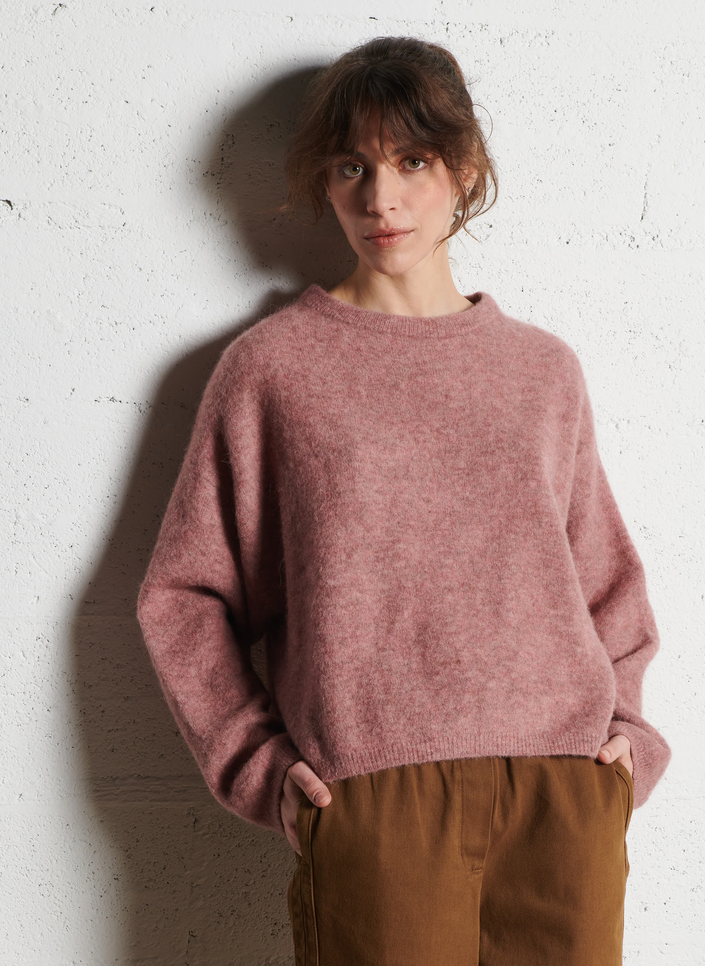 DEVON - Pull ample col rond en alpaga mélangé | Rose