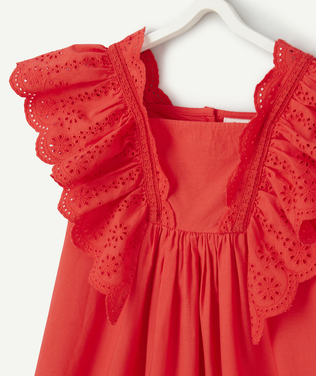 robe manches courtes fille rouge avec broderies et volants