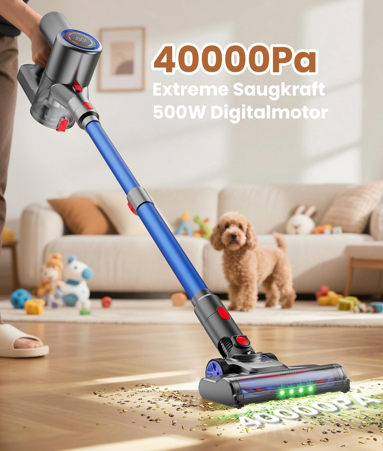 VersLife Akku Staubsauger 500W/45 Min/40kPa, Staubsauger Kabellos Selbstladender mit Smart LED-Display, Leichter Akkustaubsauger mit grünem Licht für Tierhaare/Hartböden/Teppiche/Auto