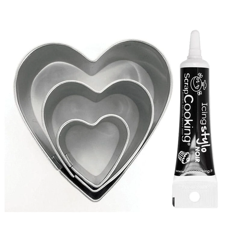 3 mini emporte-pièces inox Coeurs + Stylo de glaçage noir Youdoit