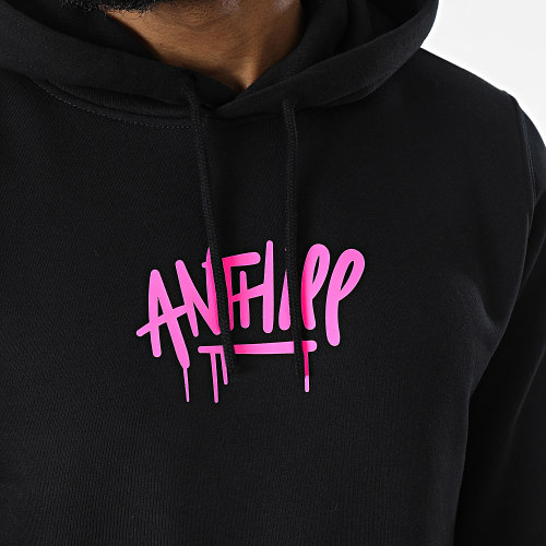 Sweat Capuche Script Noir Rose Fluo
