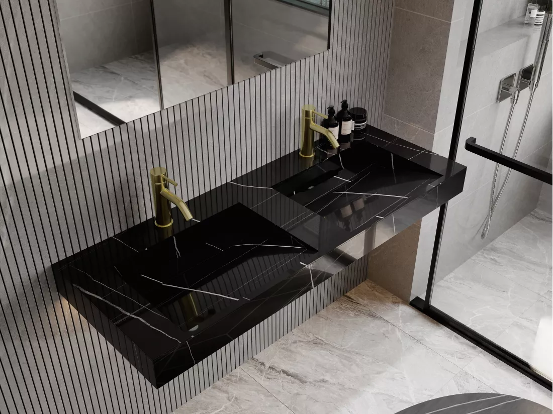 Double vasque suspendue en solid surface effet marbre noir - L120.2 x l45.2 x H8 cm - TAKOTNA