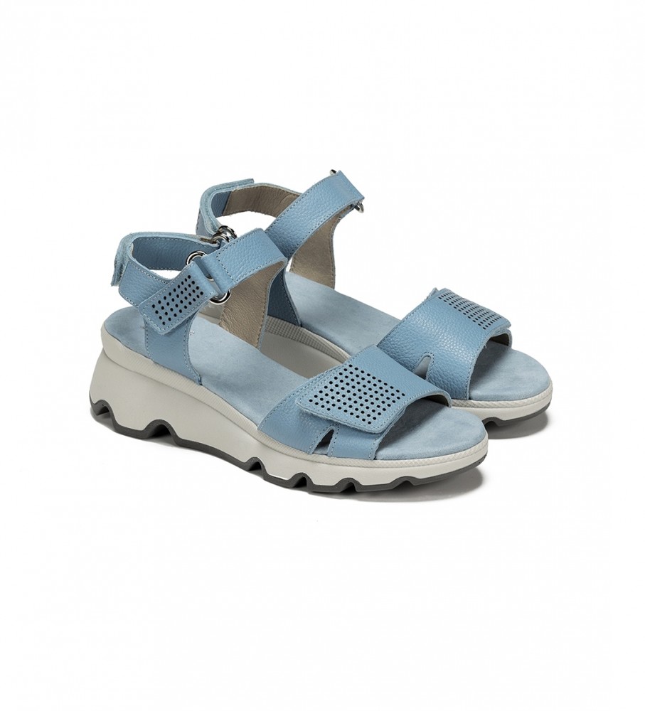Sandálias Dorking by Fluchos Lais D9025 em couro azul - Salto plataforma de 6 cm -