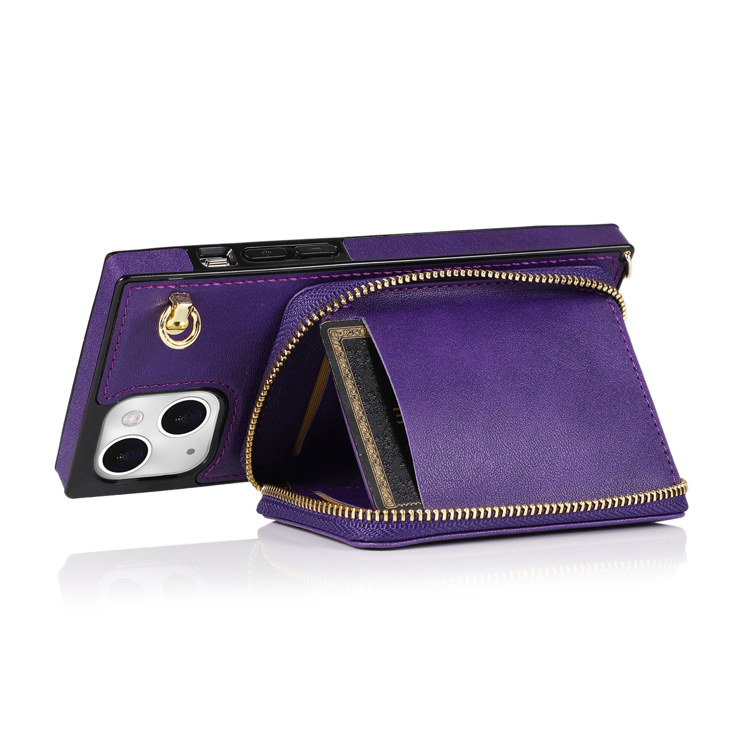 iPhone 13 Necklace Leder Schutz Hülle mit Kartenfächer   Handykette (140cm) - Violett