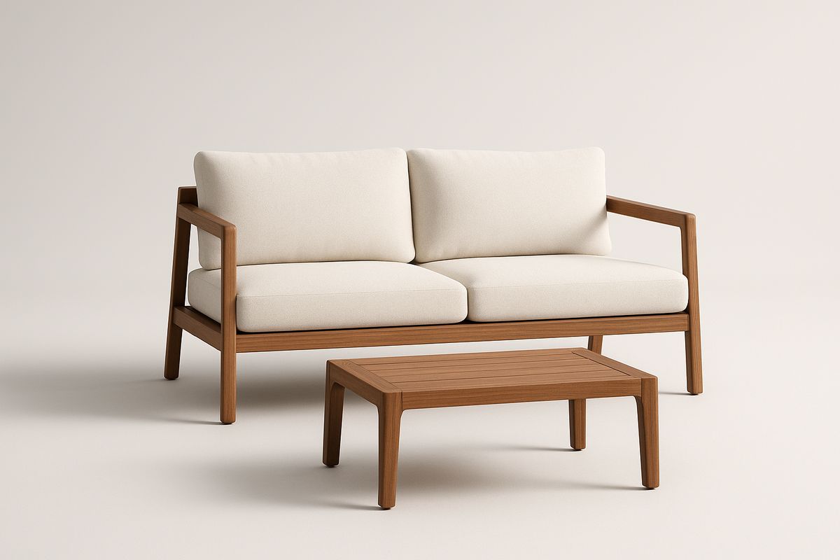 Holz Gartenset 2-Sitzer Sofa und Tisch Cremeweiß