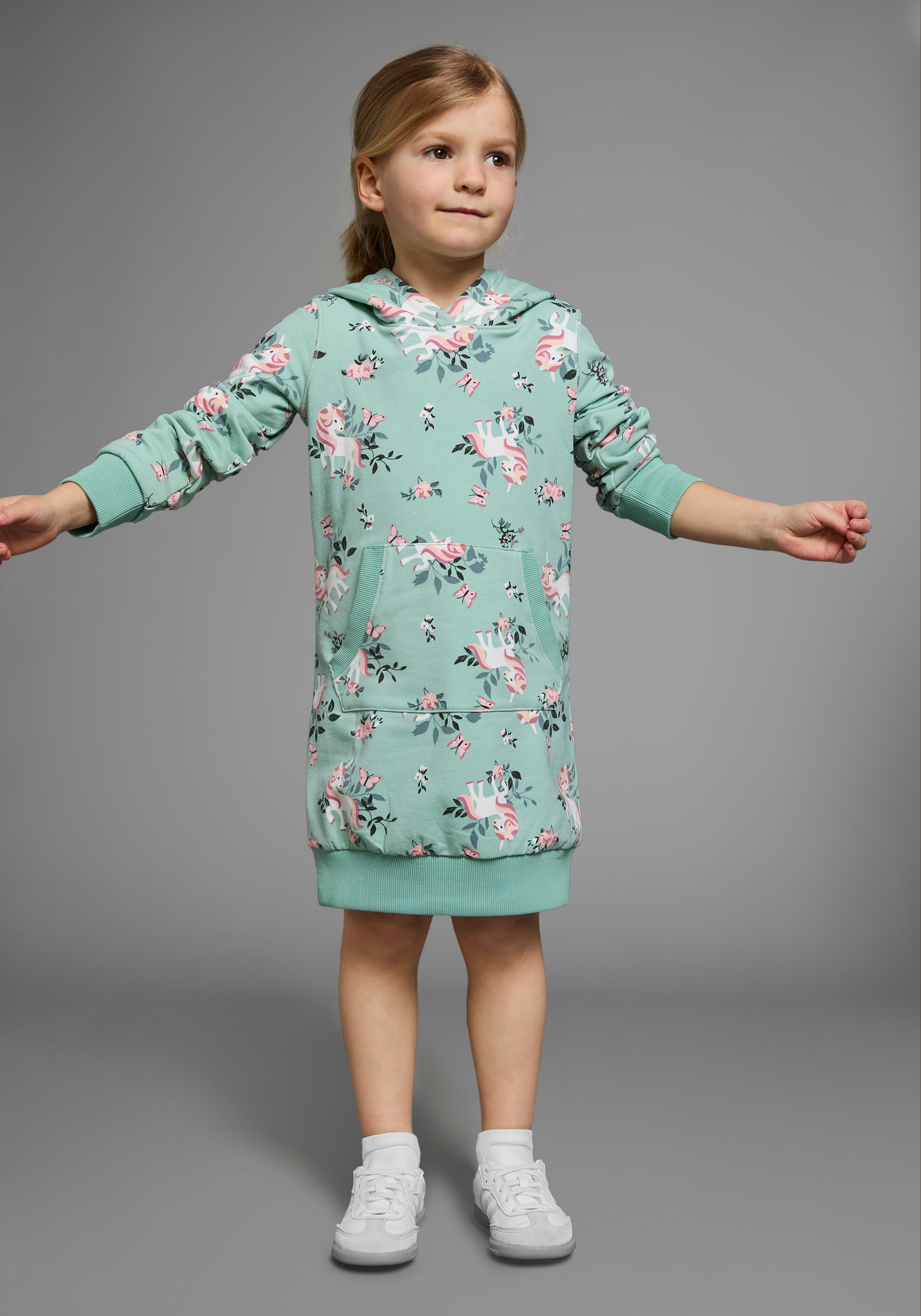 KIDSWORLD Sweatkleid »Einhorn« Kängurutasche bis Mitte des Oberschenkels,  mädchenhafter Style