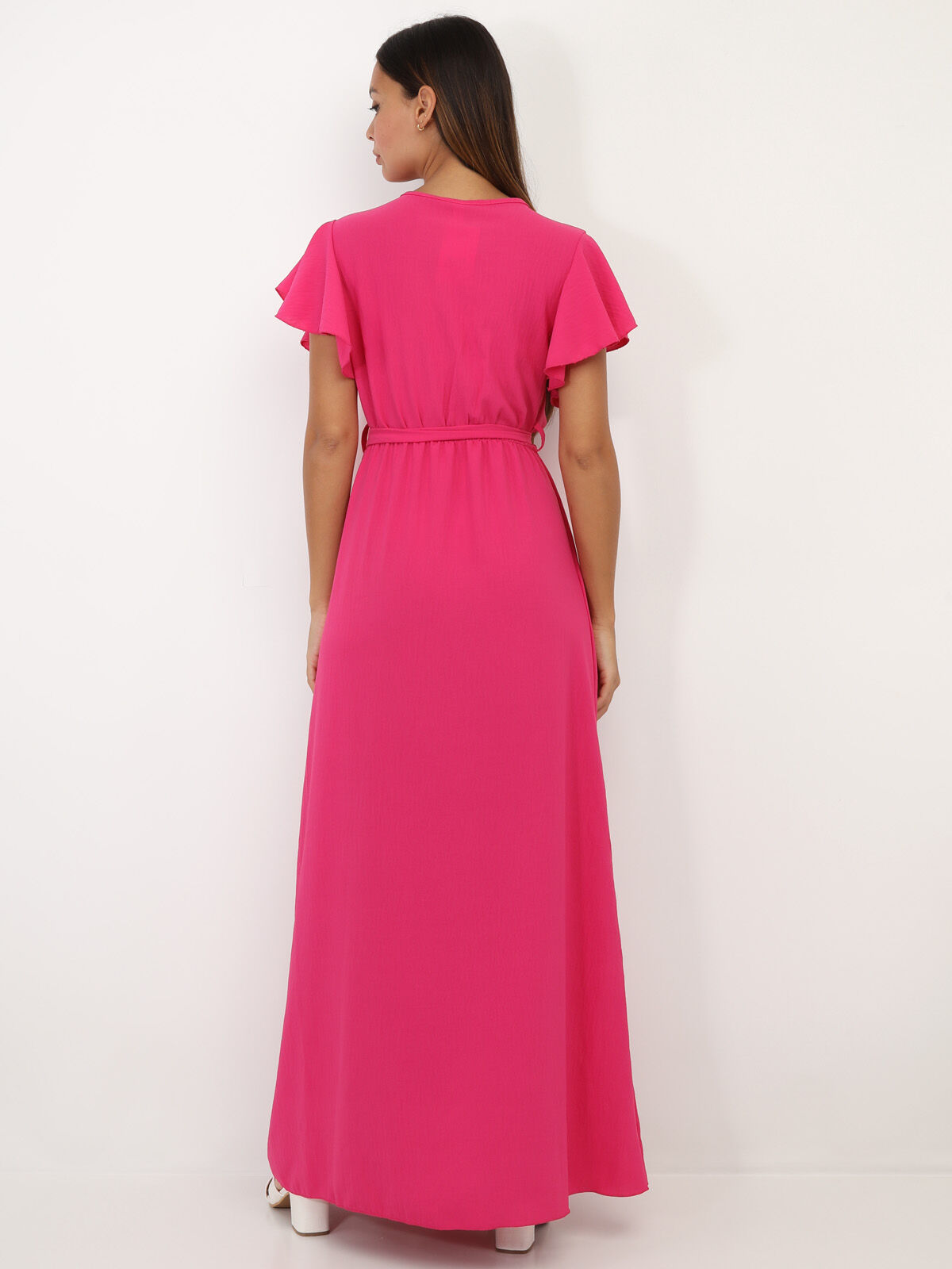 Robe longue fendue à col cache coeur- Fuchsia