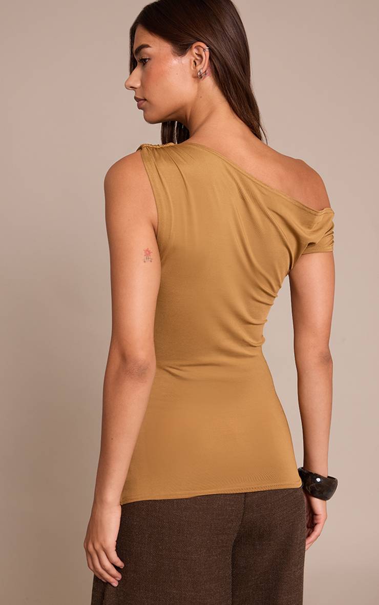 Marron Haut Long Asymétrique Froncé À Imprimé Abstrait En Tissu Slinky