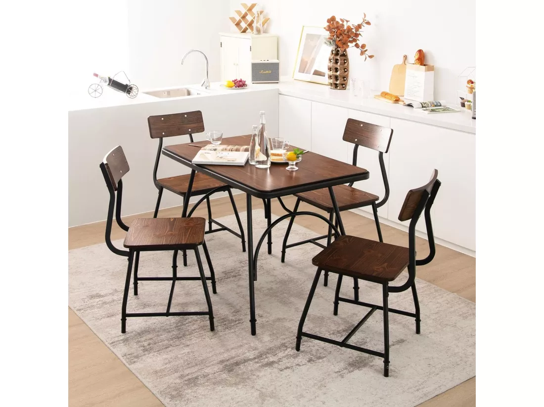 Ensemble de Table à Manger 5 Pièces, Table de Cuisine Rectangulaire et 4 Chaises pour 4 Personnes, avec Structure en Métal, pour Cuisine, Coin Repas, Restaurant, Marron (1 Table+4 Chaises)