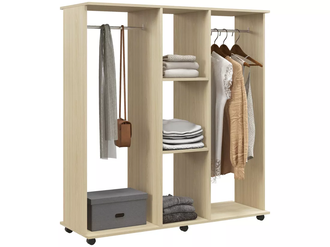 Armoire penderie meuble de rangement mobile 6 roulettes 120L x 40l x 128H cm panneaux de particules aspect bois chêne