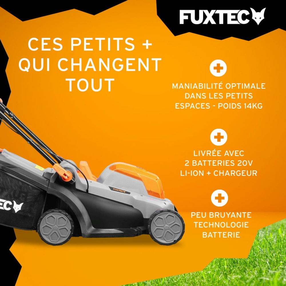 Tondeuse gazon batterie 40v (2x20v) - fx-e1rm20 - largeur 33cm 2 batteries li-ion 2ah, double chargeur 2,4a, bac 35l