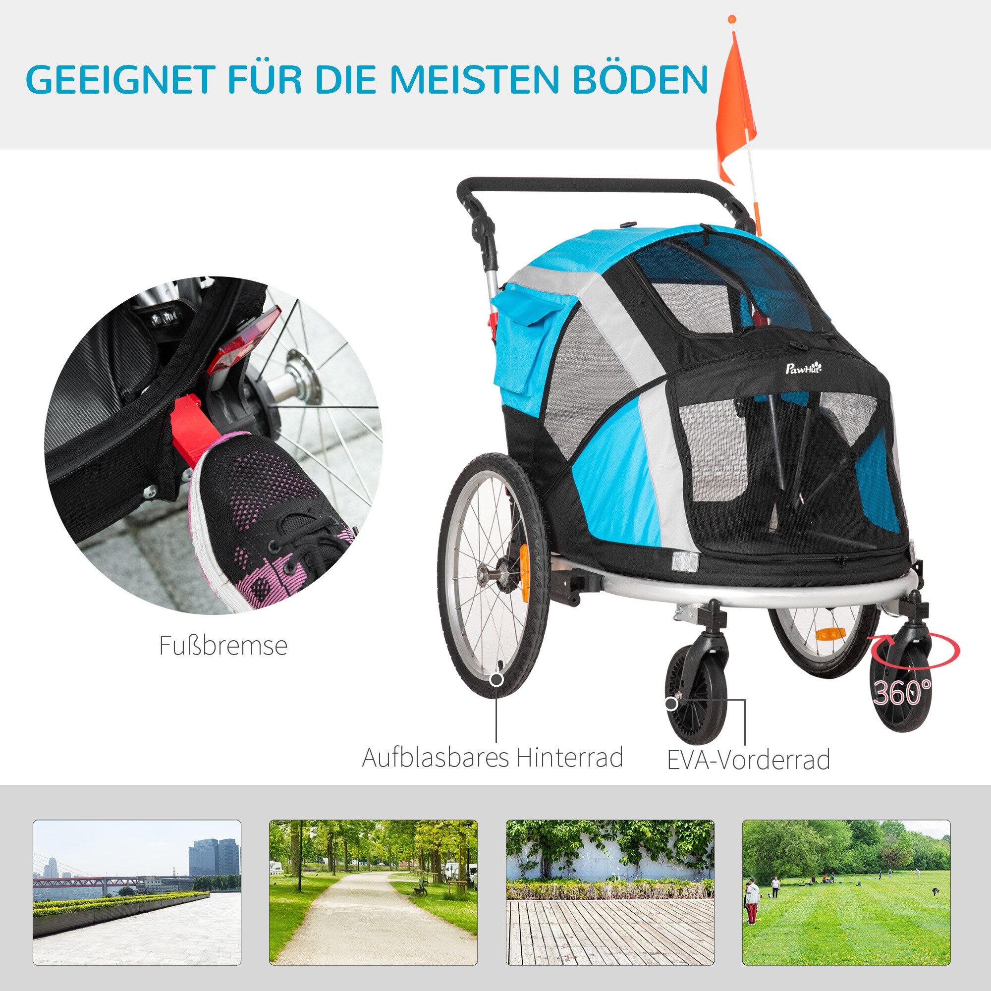 PawHut Hundeanhänger inklusive Reflektoren und Flagge bunt 150L x 82B x 108H cm