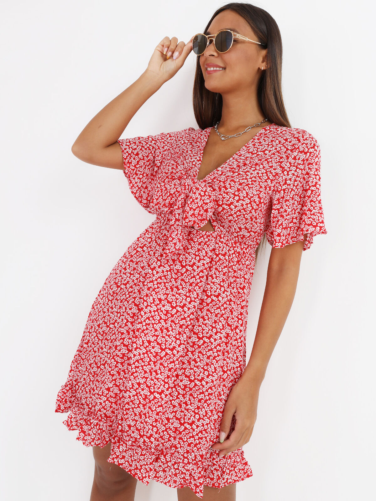 Robe à fleurs ajourée avec noeud- Rouge