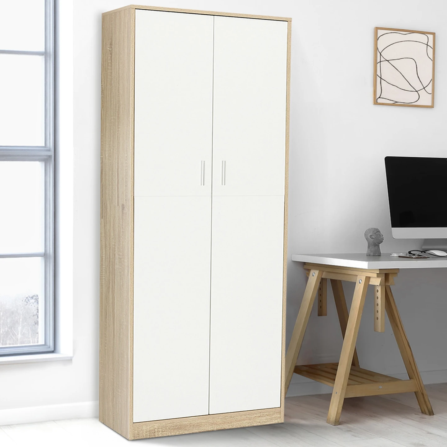 Armoire de bureau 190 cm multifonction MARIA bois et blanc 2 portes 4 étagères