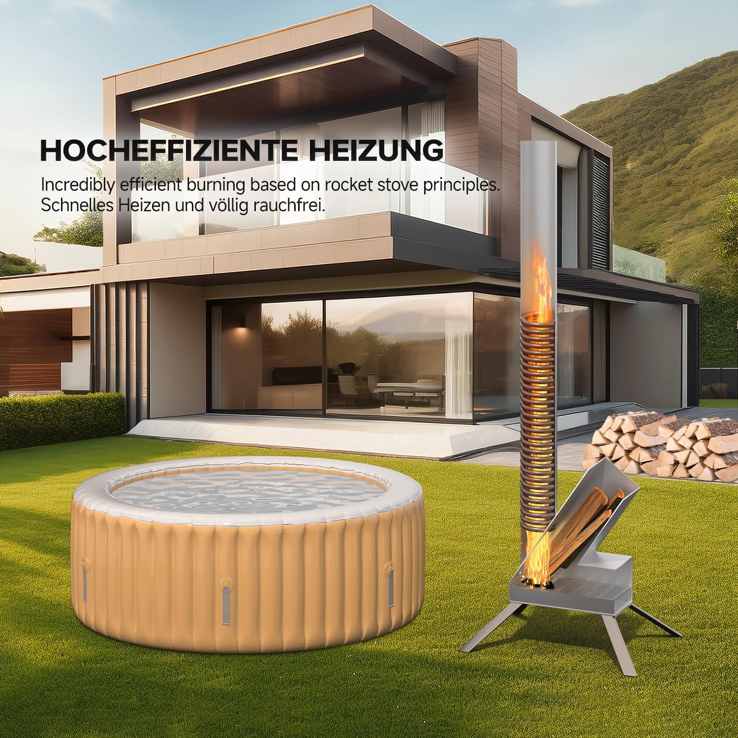 ECO POOLTECH Poolheizung Holz, Wärmepumpe Pool mit Brennholz aus Titan Outdoor Warmwasser Wärmepumpe für Kleiner Pool, Badewanne, Whirlpool Poolheizung Holzofen