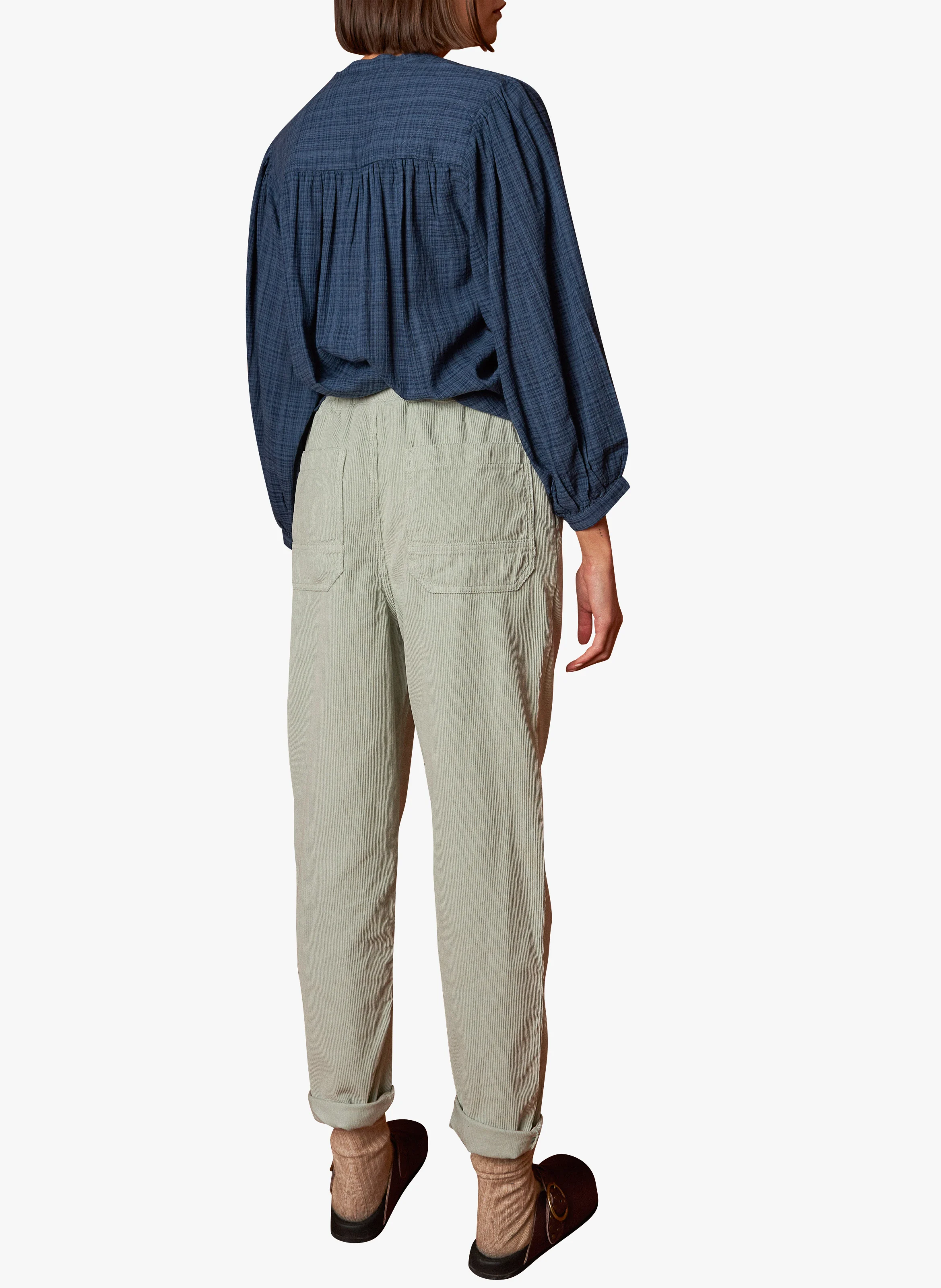 TESSA - Chemise ample col rond à carreaux en coton mélangé | Bleu