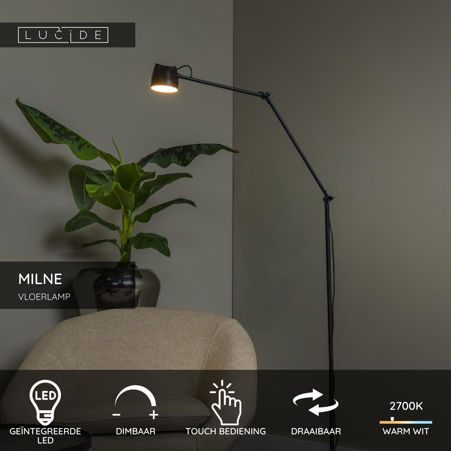 Lucide MILNE Vloerlamp - Zwart