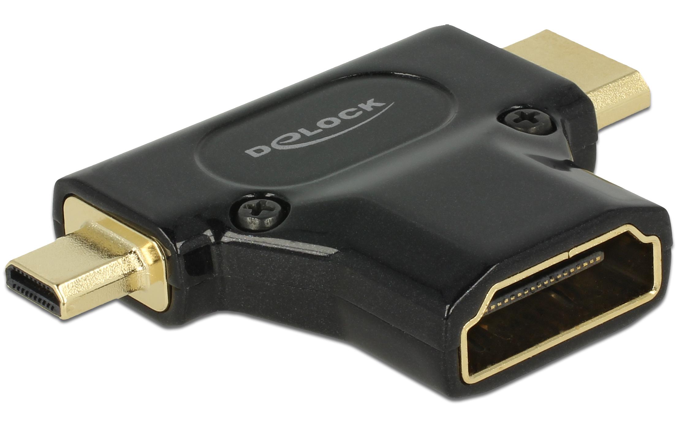 Adapter HDMI - Micro-HDMI (HDMI-D)/Mini-HDMI (HDMI-C)Delock Adapter High Speed HDMI mit Ethernet – HDMI-A Buchse > Mini-C Stecker + Micro-D Stecker schwarz