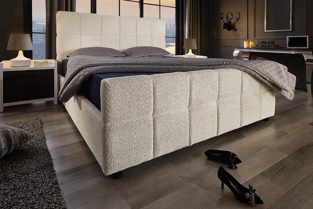 Modernes Boxbett PRESTIGE 160x200cm creme Bouclè mit Stauraum und Lattenrost