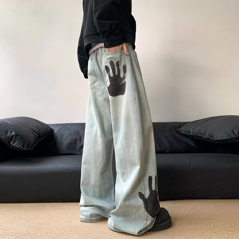 Savenne - Hoge taille handprint gewassen wijde jeans
