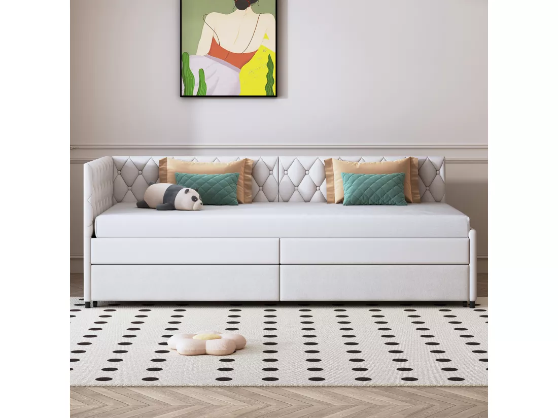 Lit gigogne 90x200cm - Canapé-lit rembourré, tissu en lin, avec sommier à lattes, sans matelas - Beige