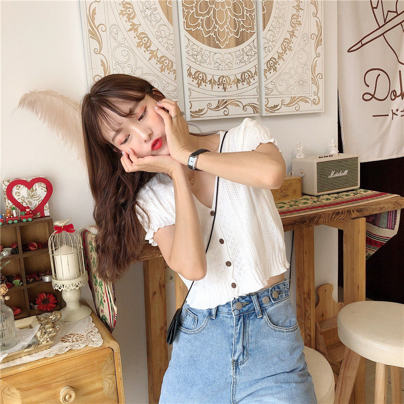 Maisee - Geperforeerde cropped cardigan met korte mouwen