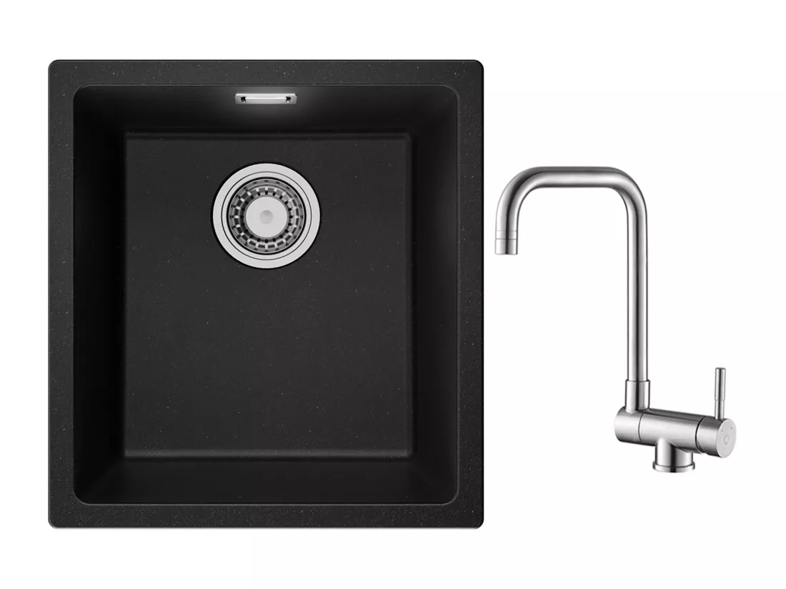 CECIPA MAX Evier 1 Bac en Quartz et Résine Noir Gris 40*44*20cm + Robinet Cuisine Rabattable Mitigeur de Evier Repliable Brossé