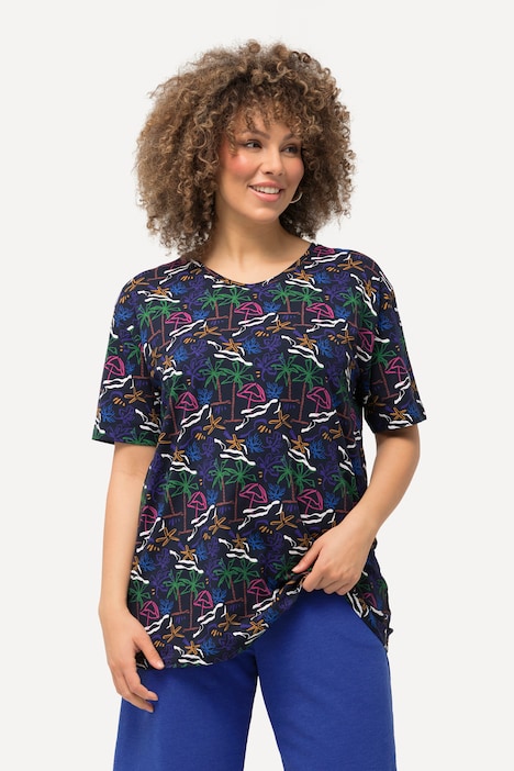 T-Shirt, maritimer Druck, A-Linie, V-Ausschnitt, Halbarm
