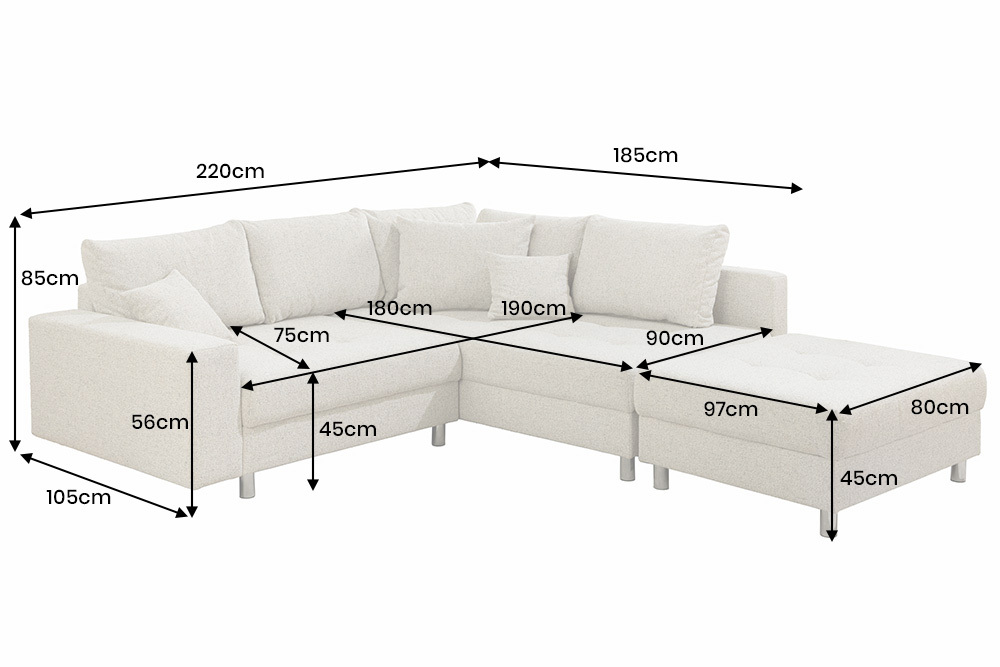 Moderne Wohnlandschaft KENT 220cm beige Strukturstoff  Ecksofa Federkern inkl. Hocker