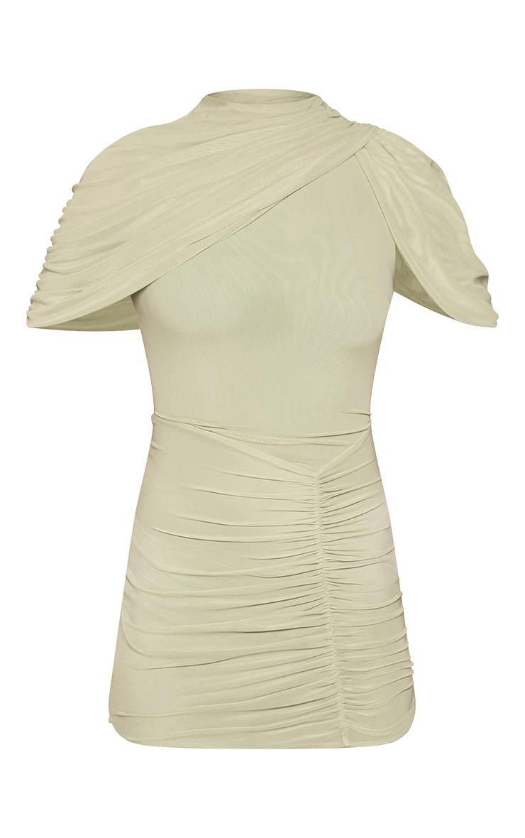 Vert Sauge Robe Courte Moulante Froncée À Manches Drapées En Mesh
