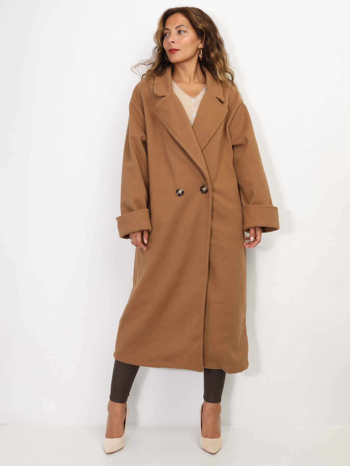 Manteau oversize en maille texturée- Camel