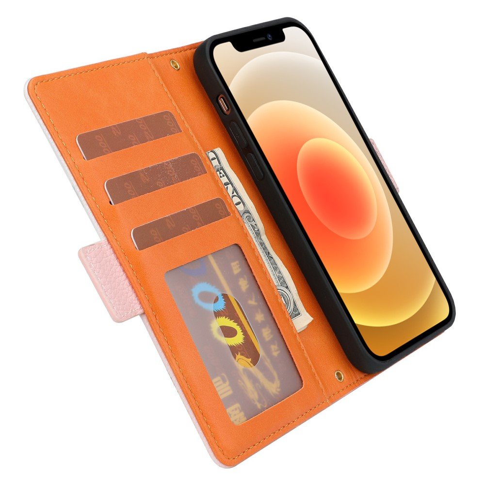 iPhone 12 / iPhone 12 Pro Leder Tasche Flip Cover Litchi Look mit Kartenfächern Geometrisches Design - Rosa / Weiss