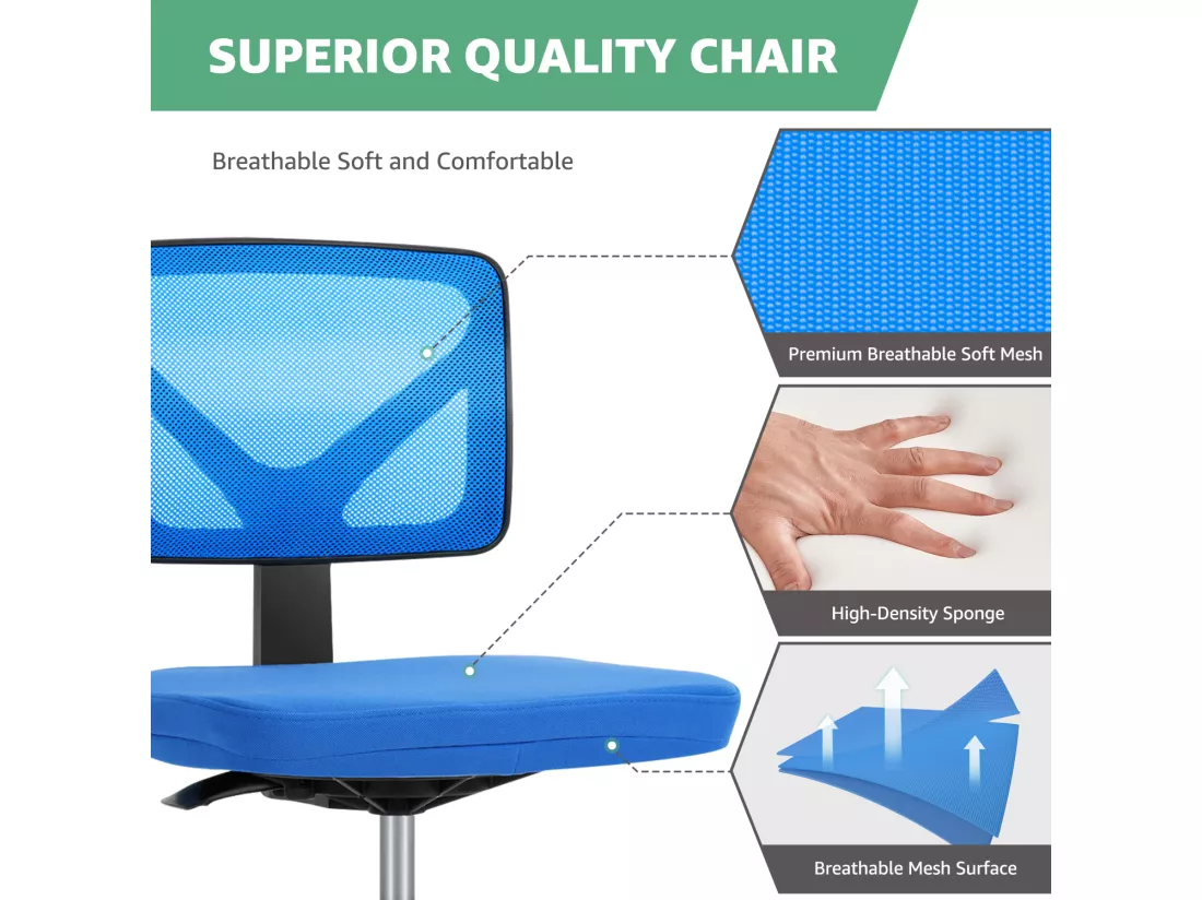 Chaise de bureau,Chaise d'ordinateur pivotante avec support lombaire,sans accoudoir,maille à dossier bas,bleu