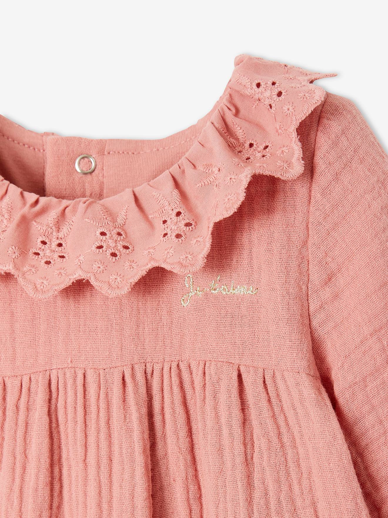 Macacão infantil rosa em chiffon de algodão, cor de maquiagem, com forro.