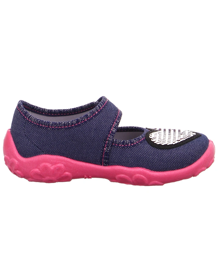 Spangen-Hausschuhe BONNY – HERZ mit Wendepailletten in denim blau/pink