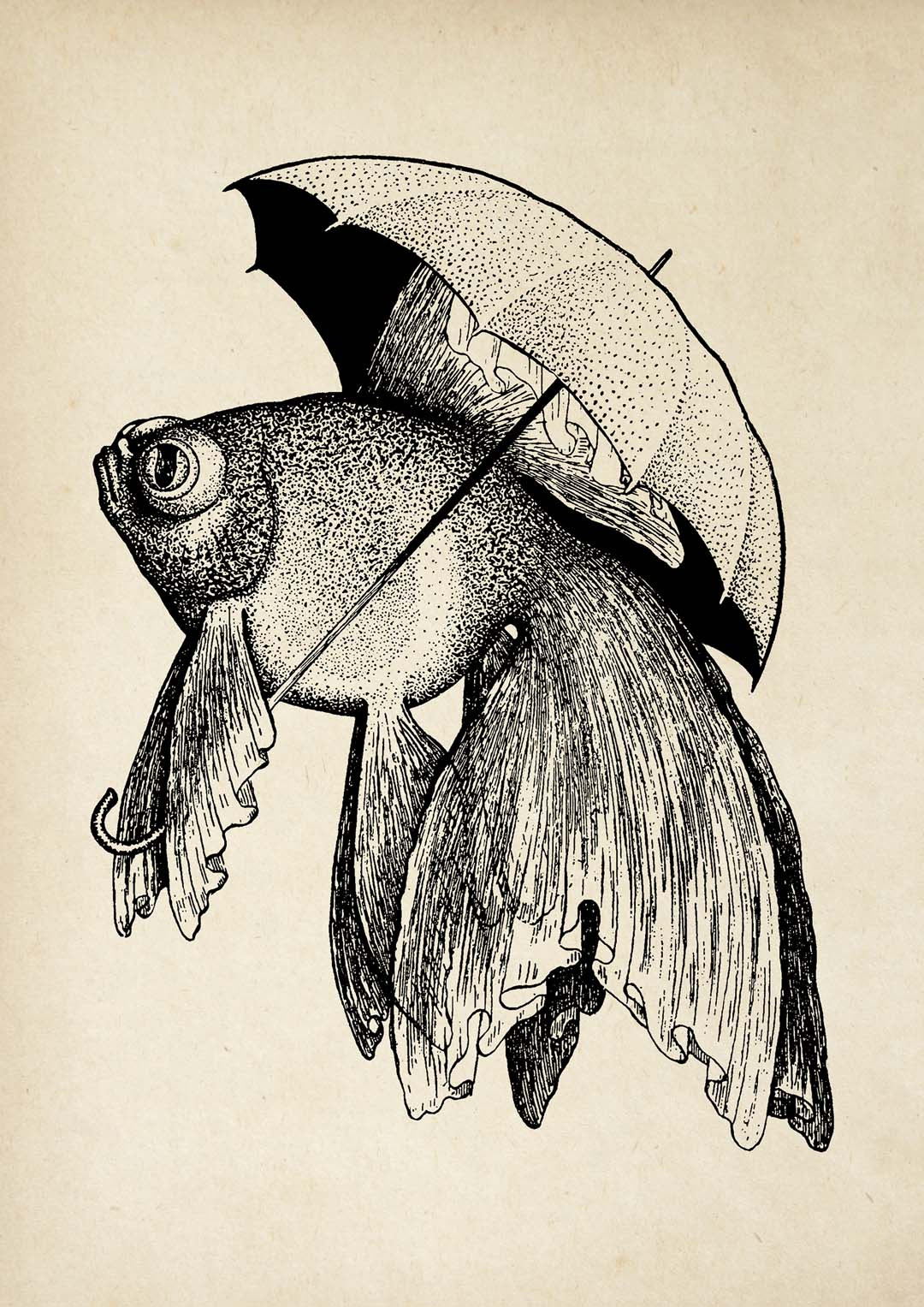 Antiker Fisch mit Regenschirm