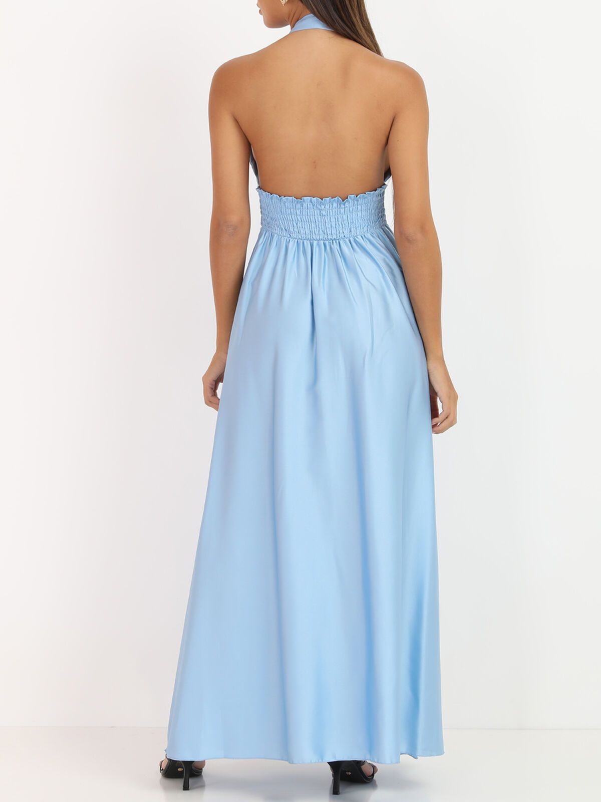 Robe satinée avec encolure croisée- Bleu clair