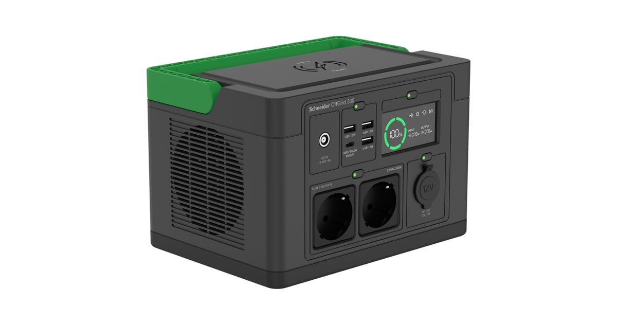 APCSchneider OffGrid draagbare Power Station 330 powerstation  (Zwart/groen, PPS330-GR, Lithium-ion batterij 332Wh, 2x 230V 300W, 3x USB-A, 1x USB-C PD 60W)