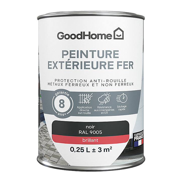Peinture extérieure métal GoodHome noir RAL 9005 brillant 250ml