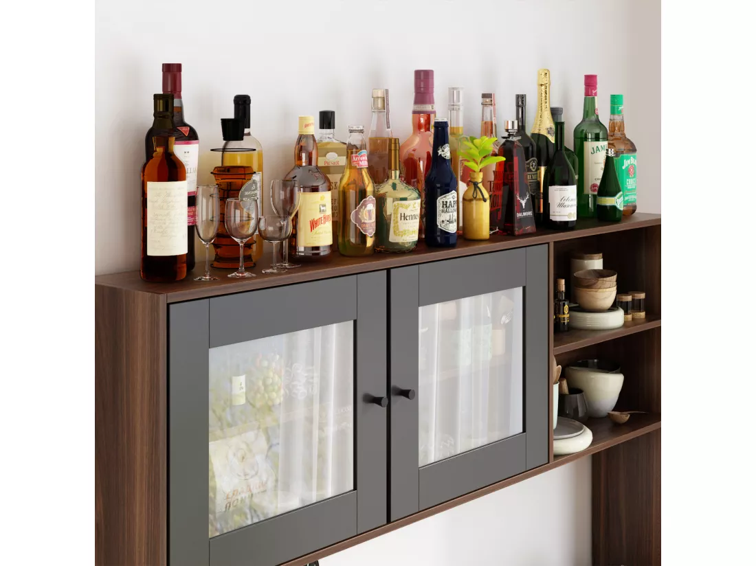 Buffet de cuisine Armoire verre haute Armoire de cuisine Plan de travaille Compartiment ouverts 4 portes 4 Tirois Marron&Noir 160x40x190cm
