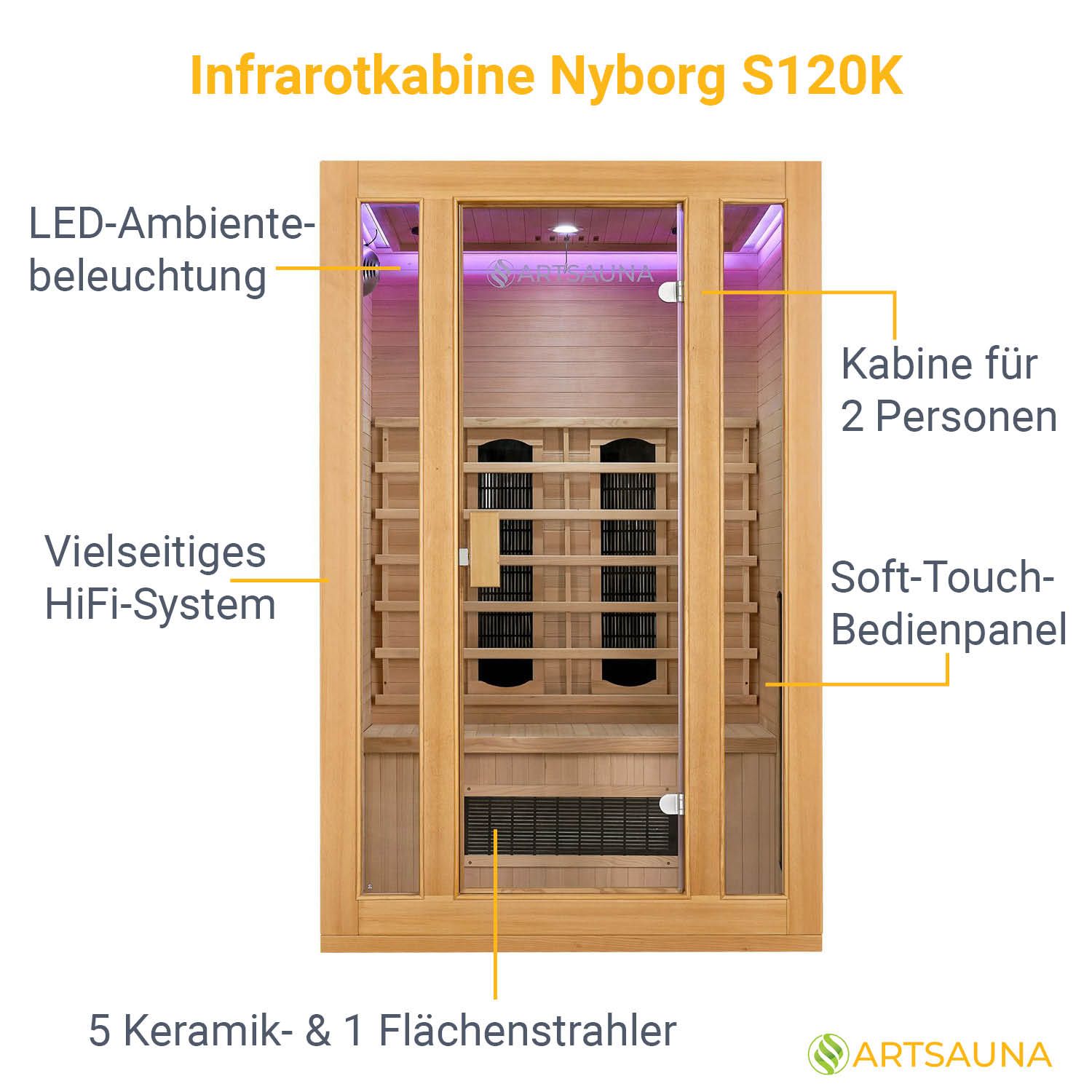 Infrarotkabine Nyborg S120K – Infrarotsauna 2 Personen –LED-Farblicht, 5 Keramik- 1 Flächenstrahler