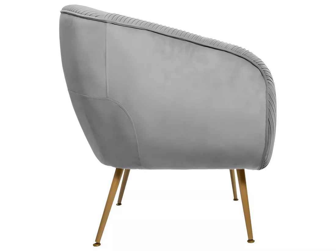 Fauteuil en Velours Gris plissé et pieds en métal doré