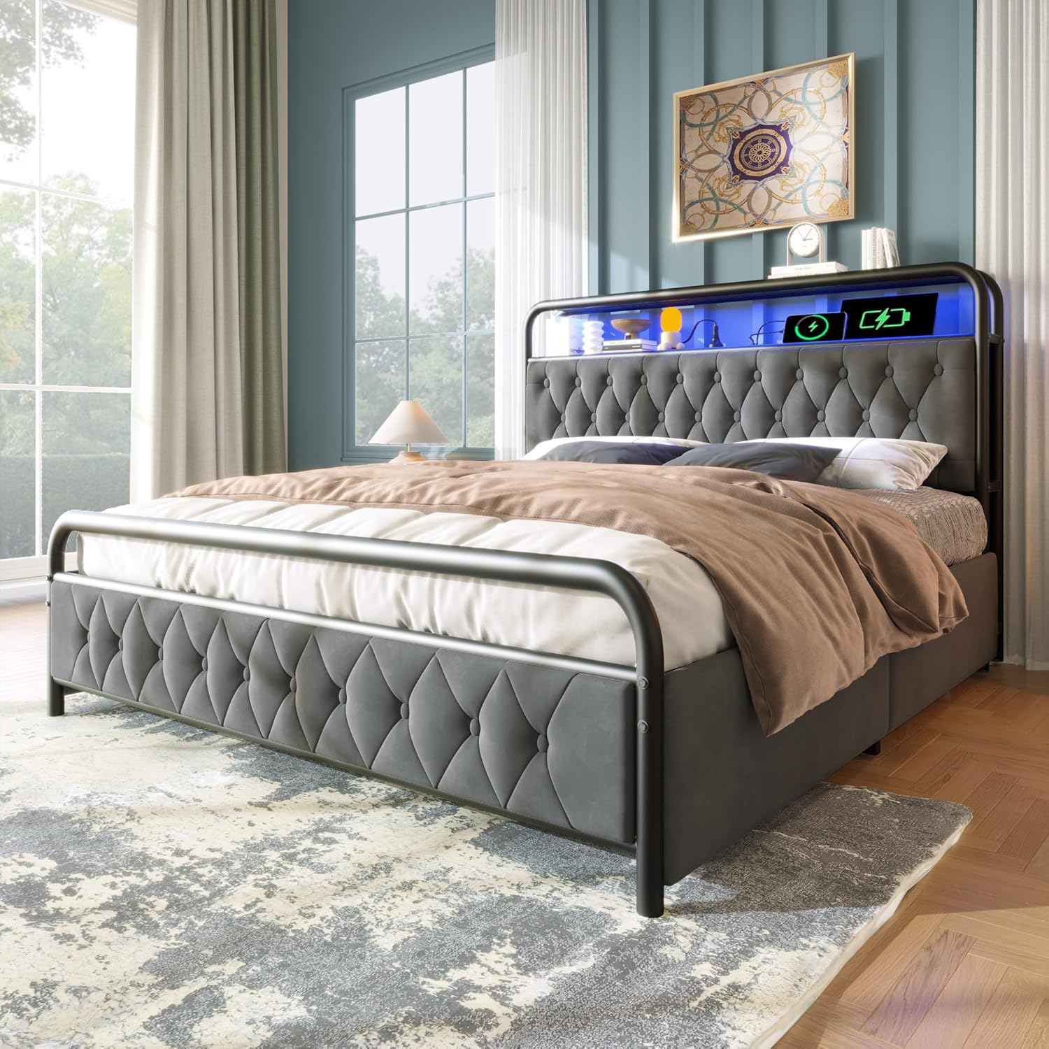 Merax Polsterbett Metallbett 140x200cm mit 4 Schubladen, LED-Beleuchtung, Ladefunktion, Lagerregal, Doppelbett Bettgestell, Stabil Metallrahmen, Stauraumbetten, Jugendbett, Samt, ohne Matratze, Grau