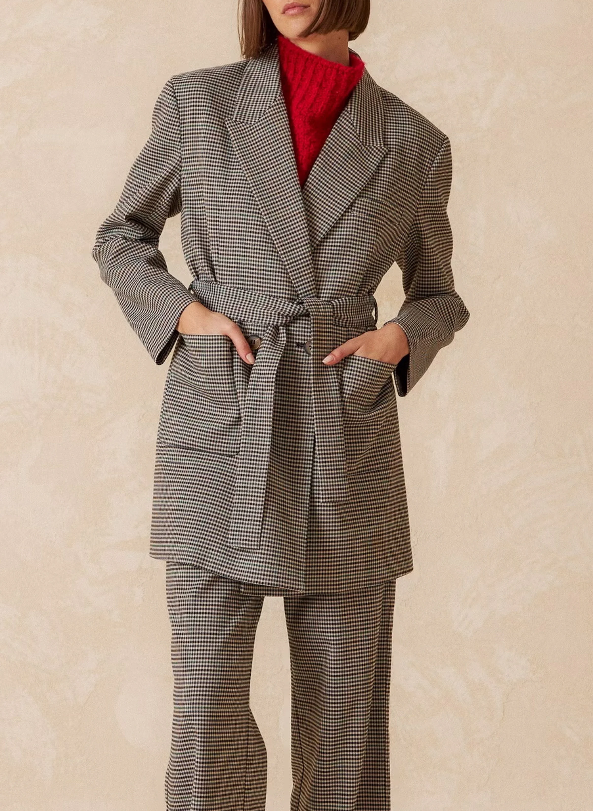 Veste col tailleur à motifs pied-de-poule| Noir