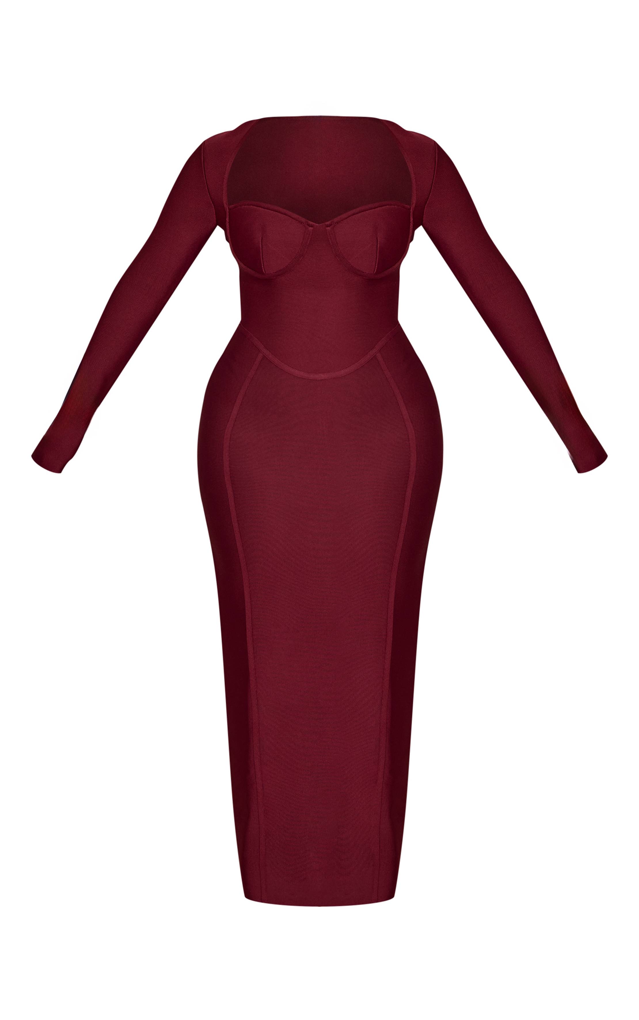 Rouge Vin Robe Maxi Corset À Manches Longues Bandage Sculptante