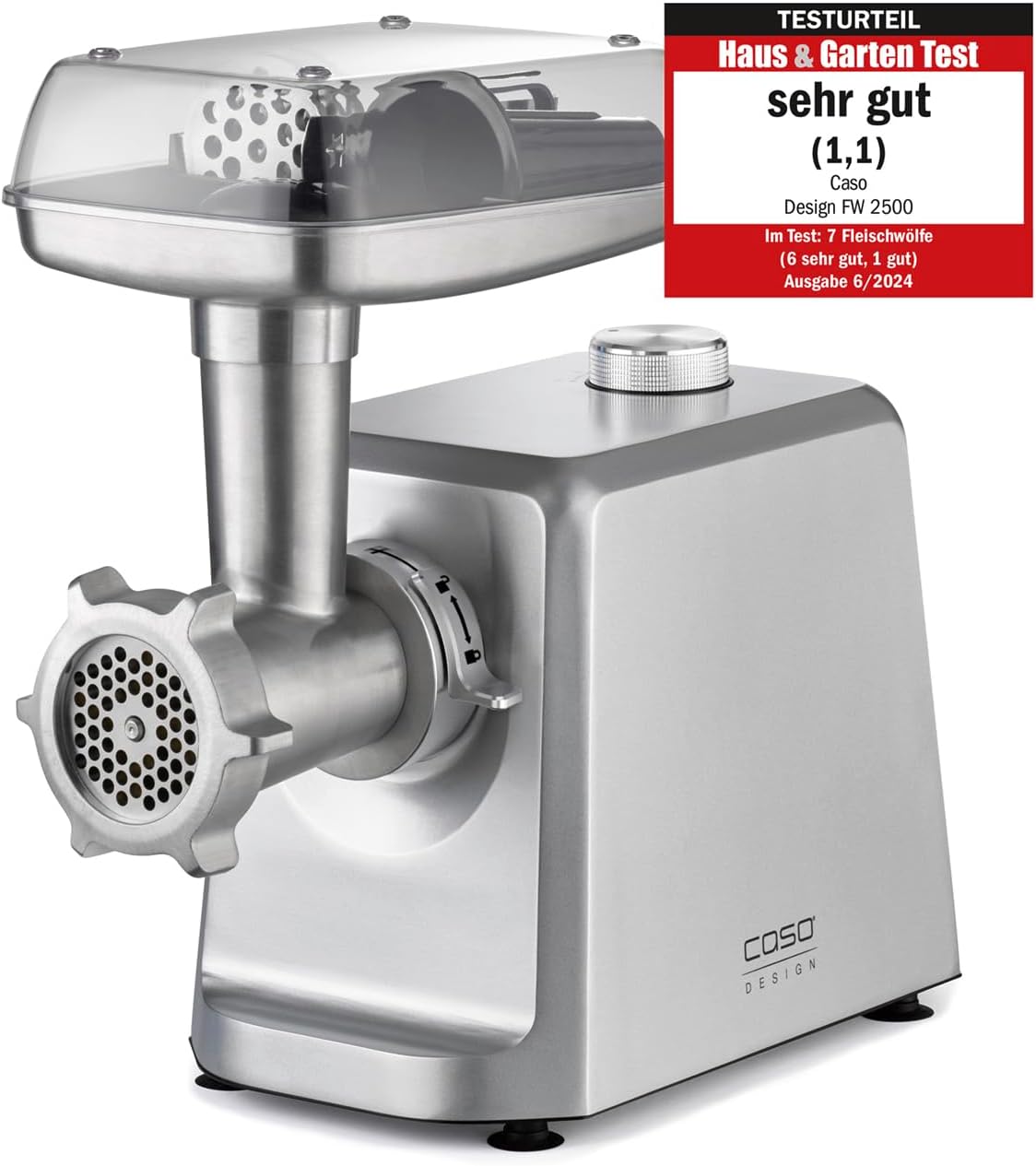 CASO FW 2500 Silber, Fleischwolf mit leistungsstarken 2500 Watt, Testurteil: Sehr Gut, Titan Klinge, Rücklauf-Funktion, Zubehör inkl. Burgerpresse