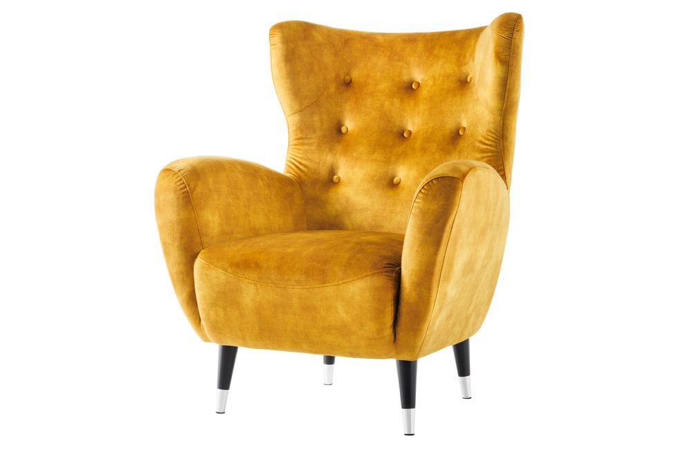 Retro Design Sessel DON senfgelb Samt Federkern silberne Fußkappen
