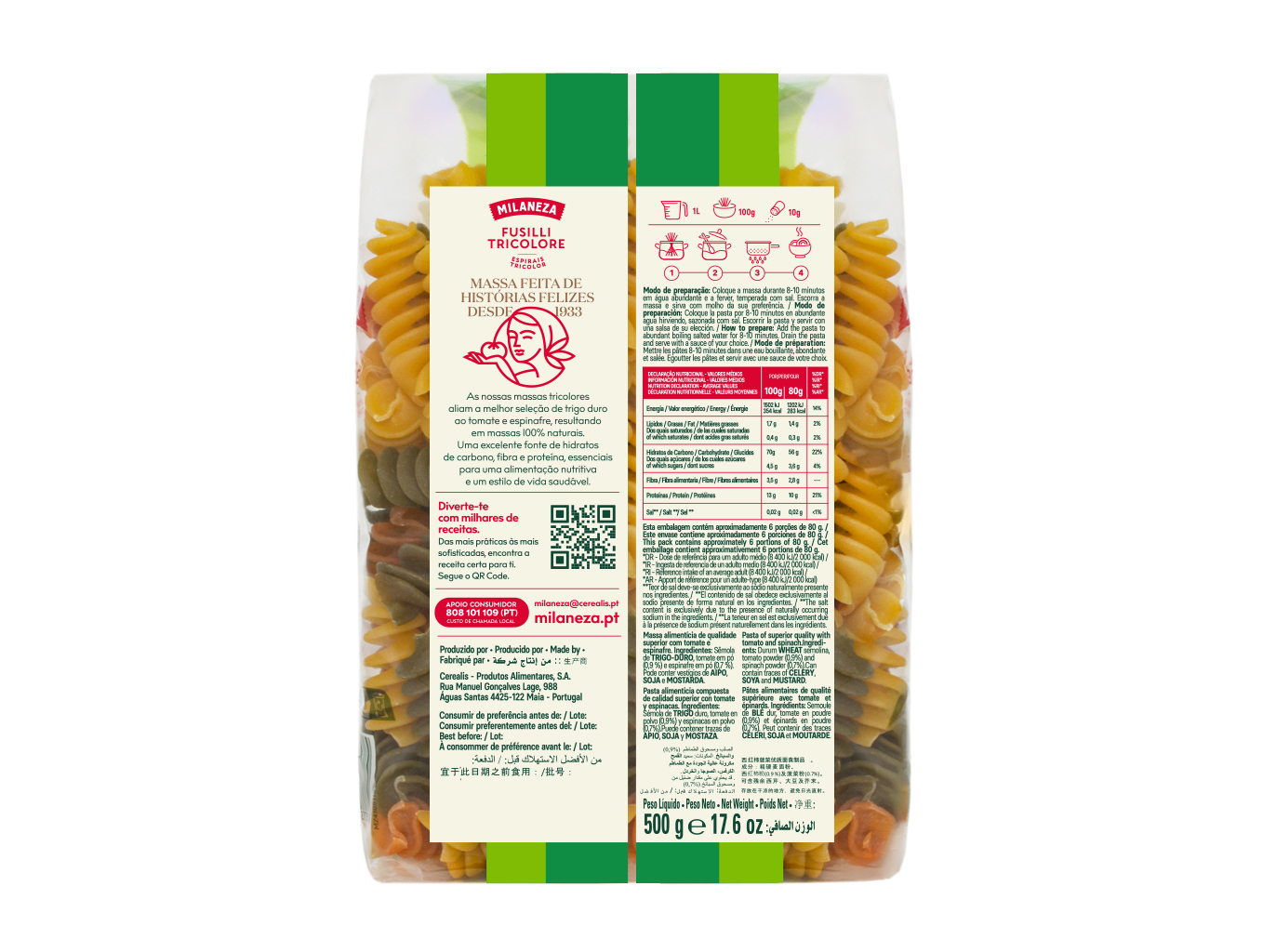 MASSA MILANEZA FUSILLI ESPIRAIS TRICOLORES 500G