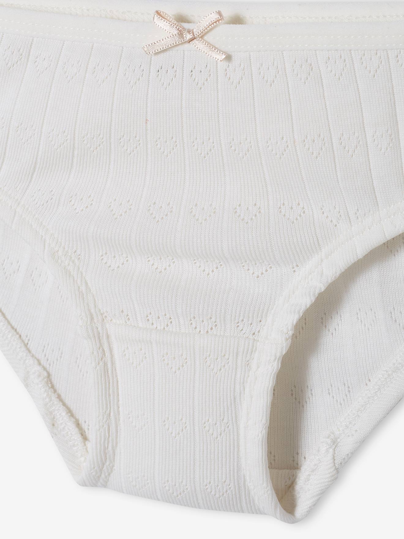 Conjunto de 2 calcinhas de malha vazada, lisas e brancas, para meninas.