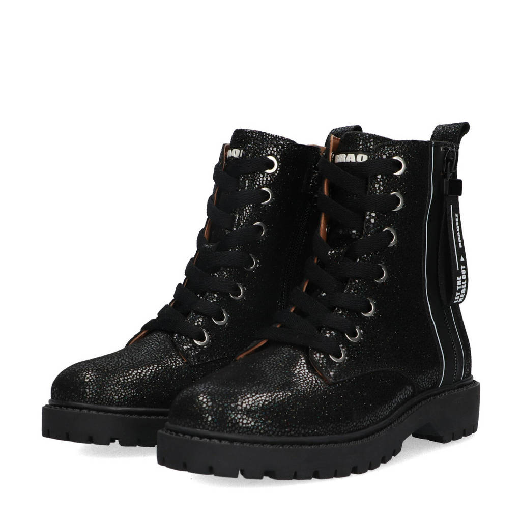 Braqeez leren veterboots zwart multi